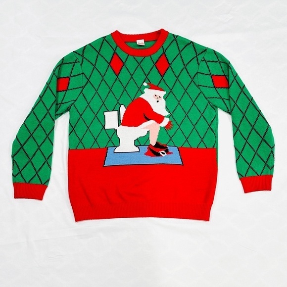 FunQi Gifts Santa Claus On Toilet Holiday Sweater - Picture 1 of 9